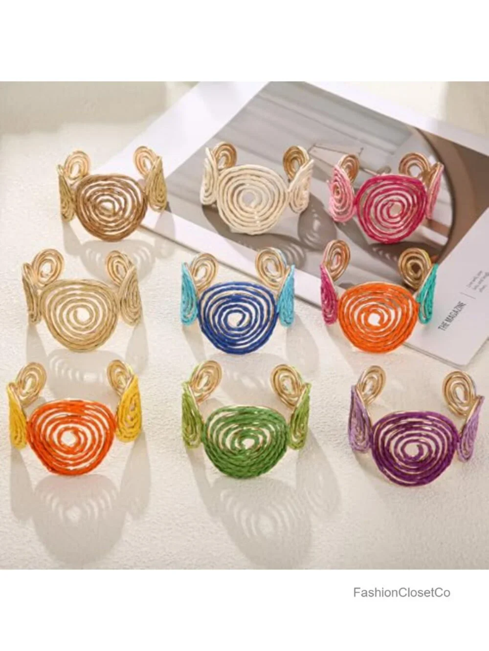 Handmade Raffia Spiral Cuff Bracelet Chunky Bangle Rattan Statement Bracelet